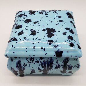 Signed Light Blue Dark Blue Spatter Paint Lidded Ceramic Trinket Jewellery Box